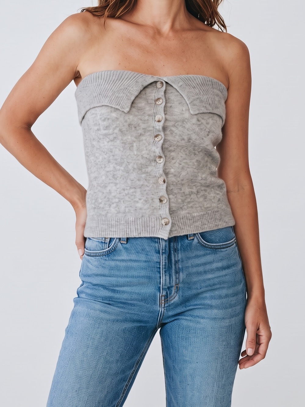 Rüve Gray Off Shoulder Sweater Wool Blend Top Button Front Knit NWT